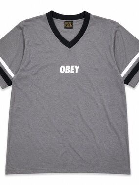 OBEY Commanda Paste Gray V-Neck Varsity Stripe Tee Men’s Large Rare